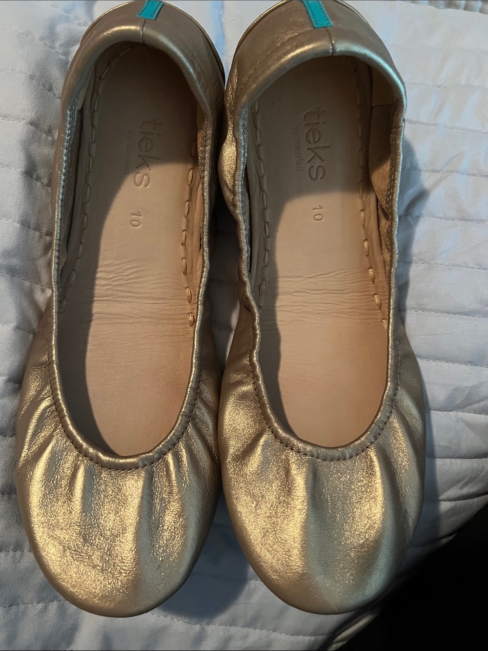 Tieks Metallic Gold Ballet Flats with Turquoise Heel Tab